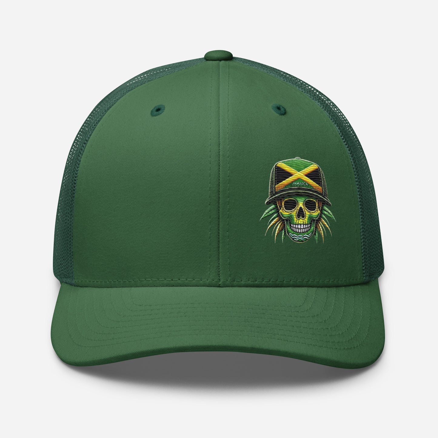 Embroidered 'Jamaica Skull' Trucker Hat – Adjustable Snapback, Stylish Summer Jamaica Hat