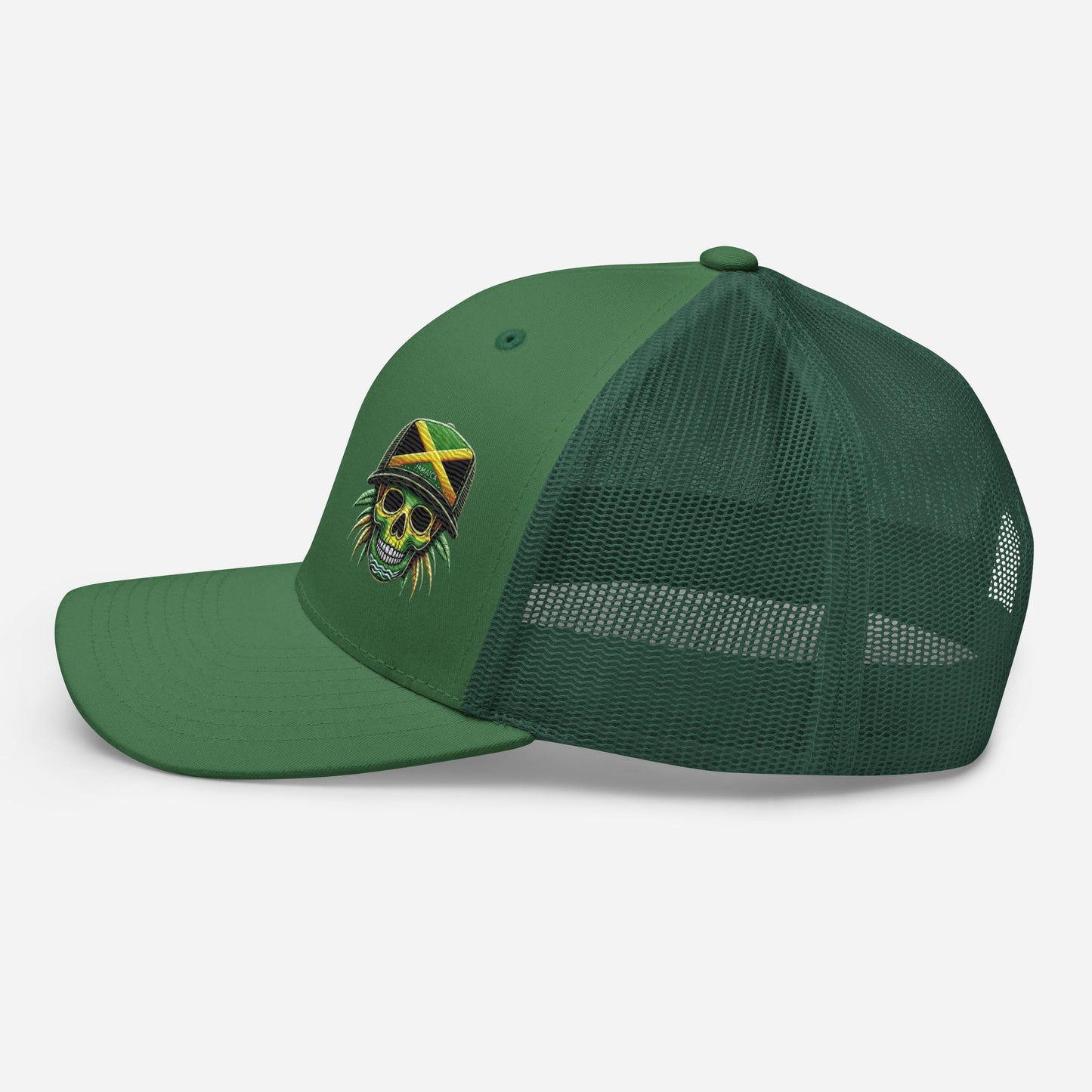 Embroidered 'Jamaica Skull' Trucker Hat – Adjustable Snapback, Stylish Summer Jamaica Hat