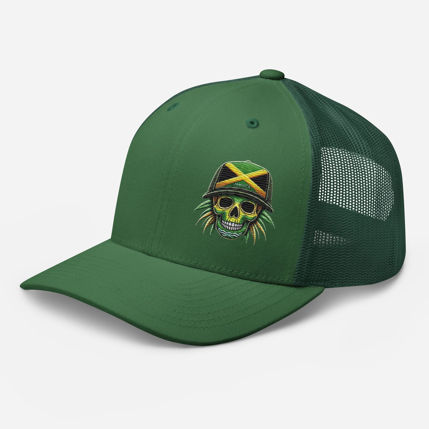 Embroidered 'Jamaica Skull' Trucker Hat – Adjustable Snapback, Stylish Summer Jamaica Hat