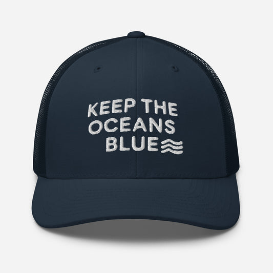 Embroidered 'Keep The Oceans Blue' Trucker Cap Protect Marine Life, Reduce Ocean Pollution