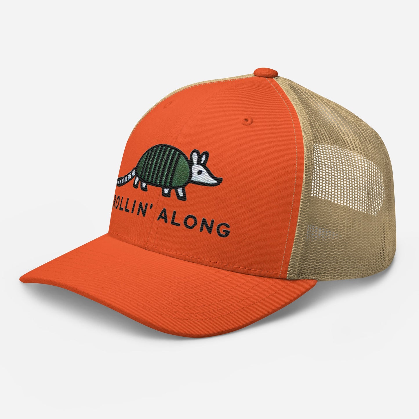 Embroidered Armadillo Rollin' Along Trucker Cap, Mesh Back Adjustable Hat Great Gift Idea