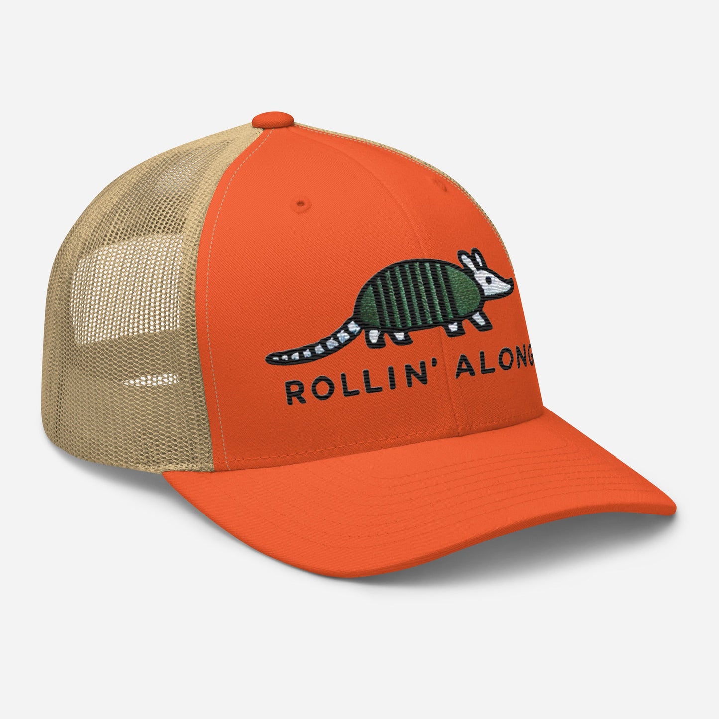 Embroidered Armadillo Rollin' Along Trucker Cap, Mesh Back Adjustable Hat Great Gift Idea