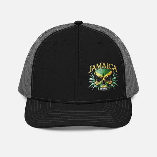 Embroidered 'Jamaica Skull' Trucker Hat – Adjustable Snapback, Stylish Summer Jamaica Hat