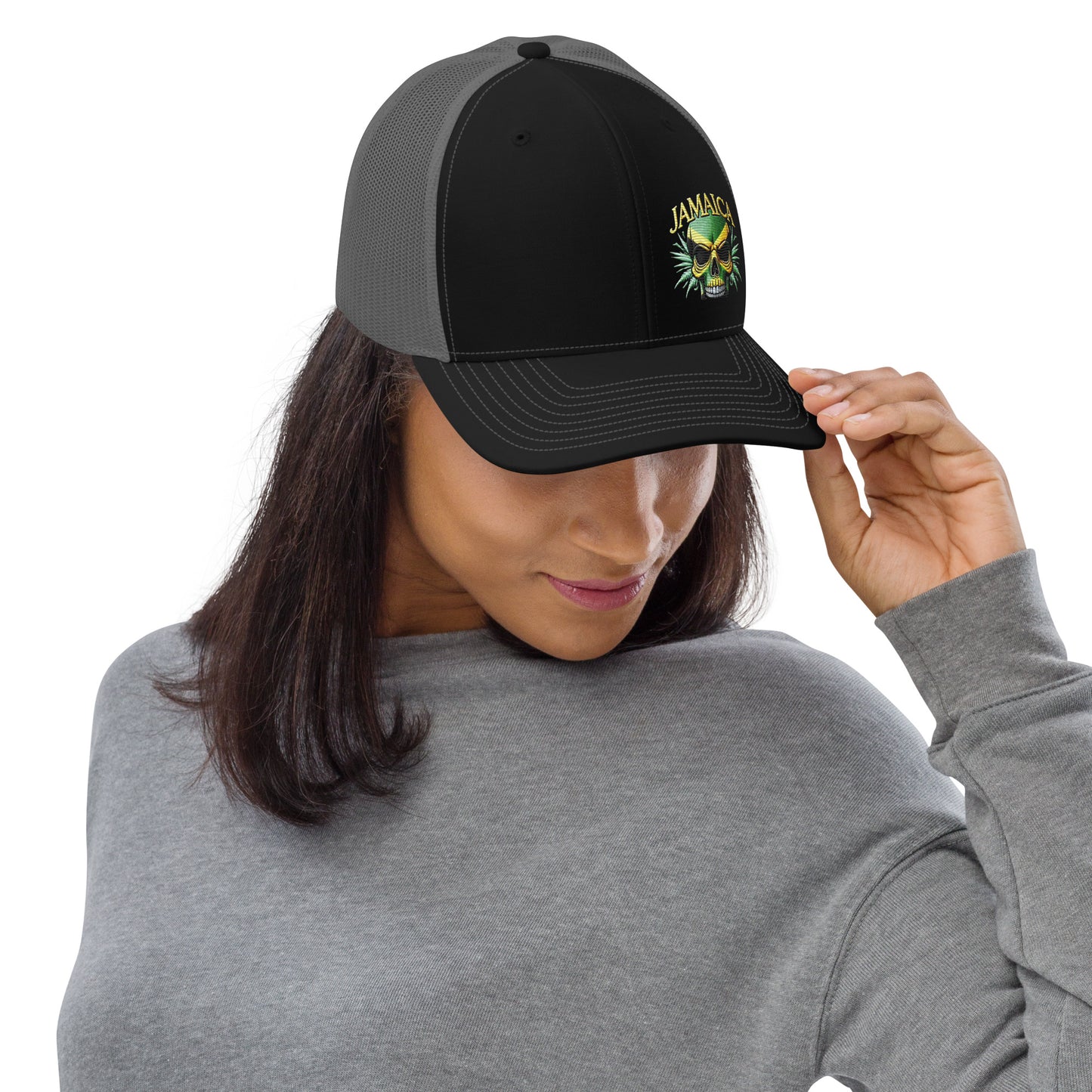 Embroidered 'Jamaica Skull' Trucker Hat – Adjustable Snapback, Stylish Summer Jamaica Hat