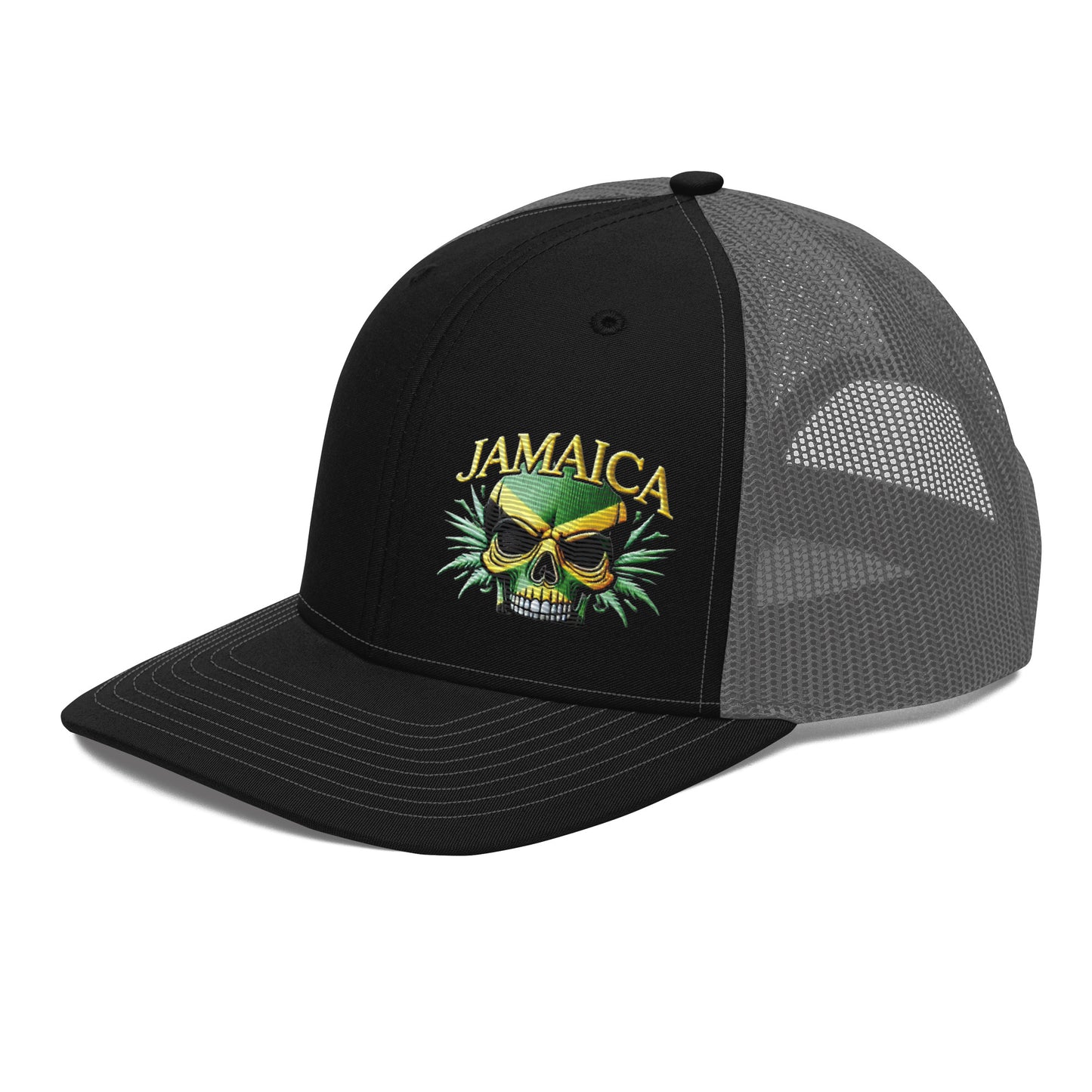 Embroidered 'Jamaica Skull' Trucker Hat – Adjustable Snapback, Stylish Summer Jamaica Hat