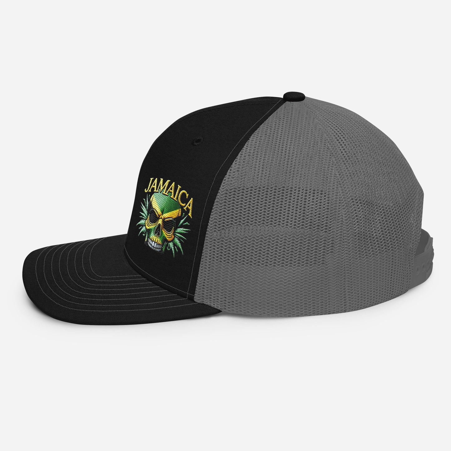 Embroidered 'Jamaica Skull' Trucker Hat – Adjustable Snapback, Stylish Summer Jamaica Hat