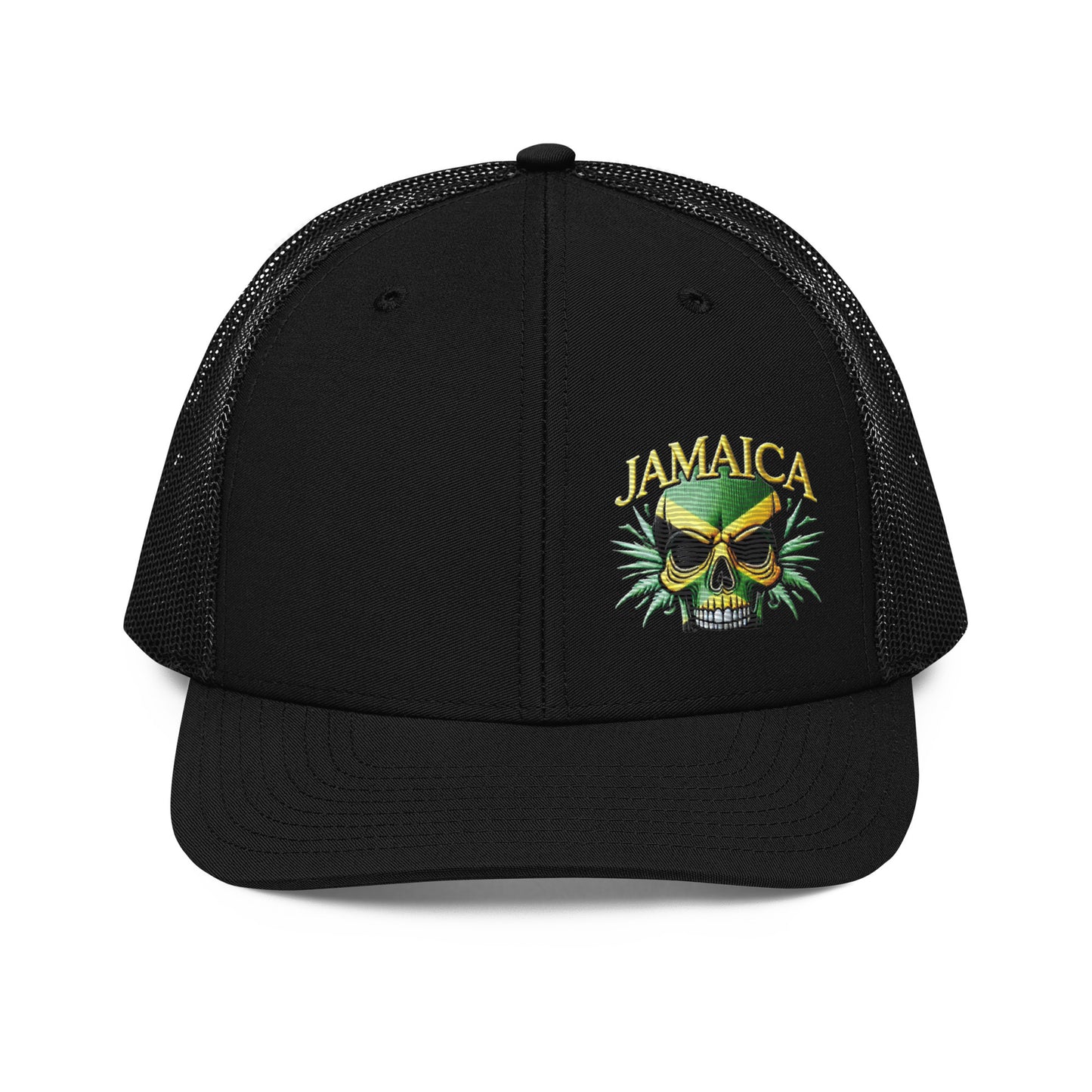 Embroidered 'Jamaica Skull' Trucker Hat – Adjustable Snapback, Stylish Summer Jamaica Hat