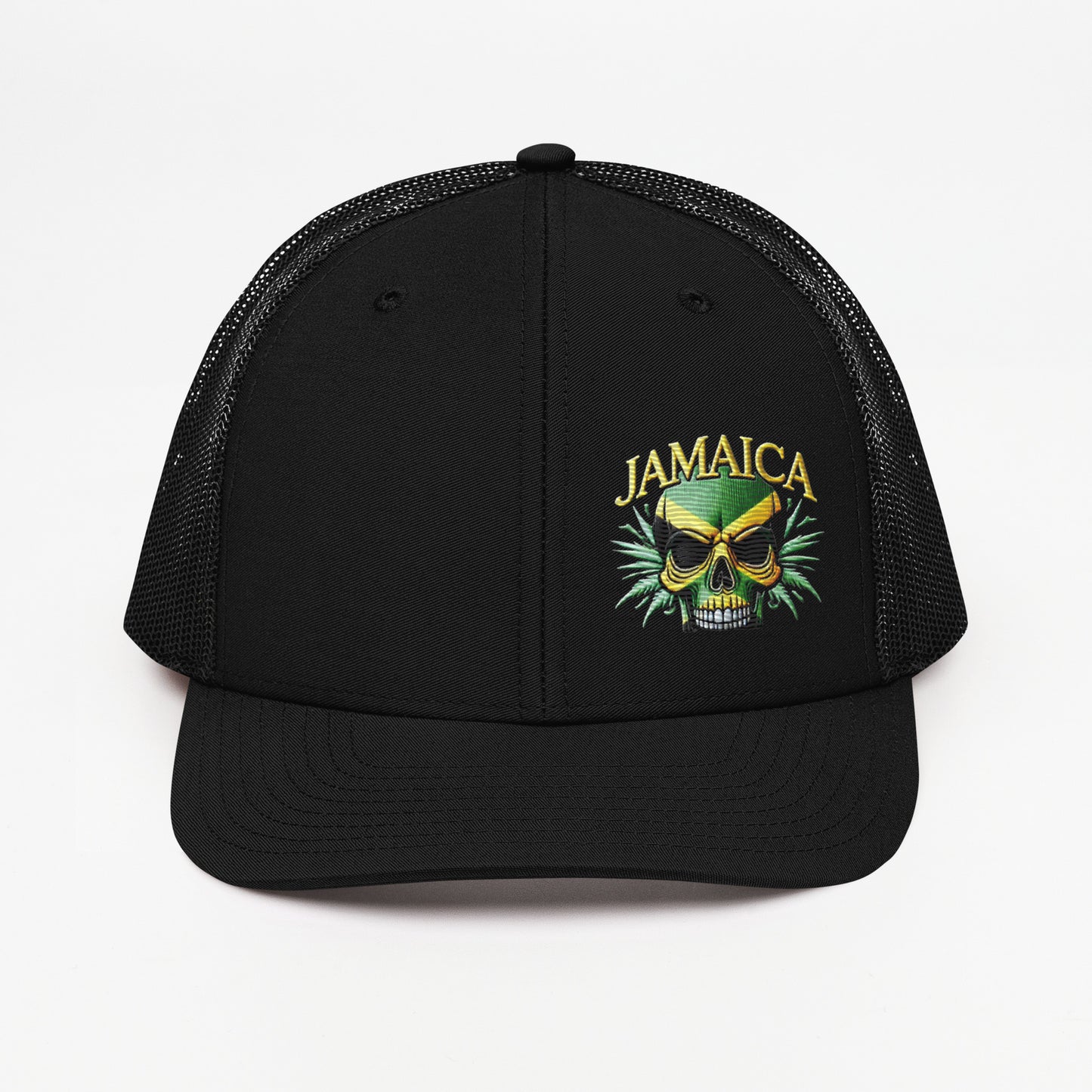 Embroidered 'Jamaica Skull' Trucker Hat – Adjustable Snapback, Stylish Summer Jamaica Hat