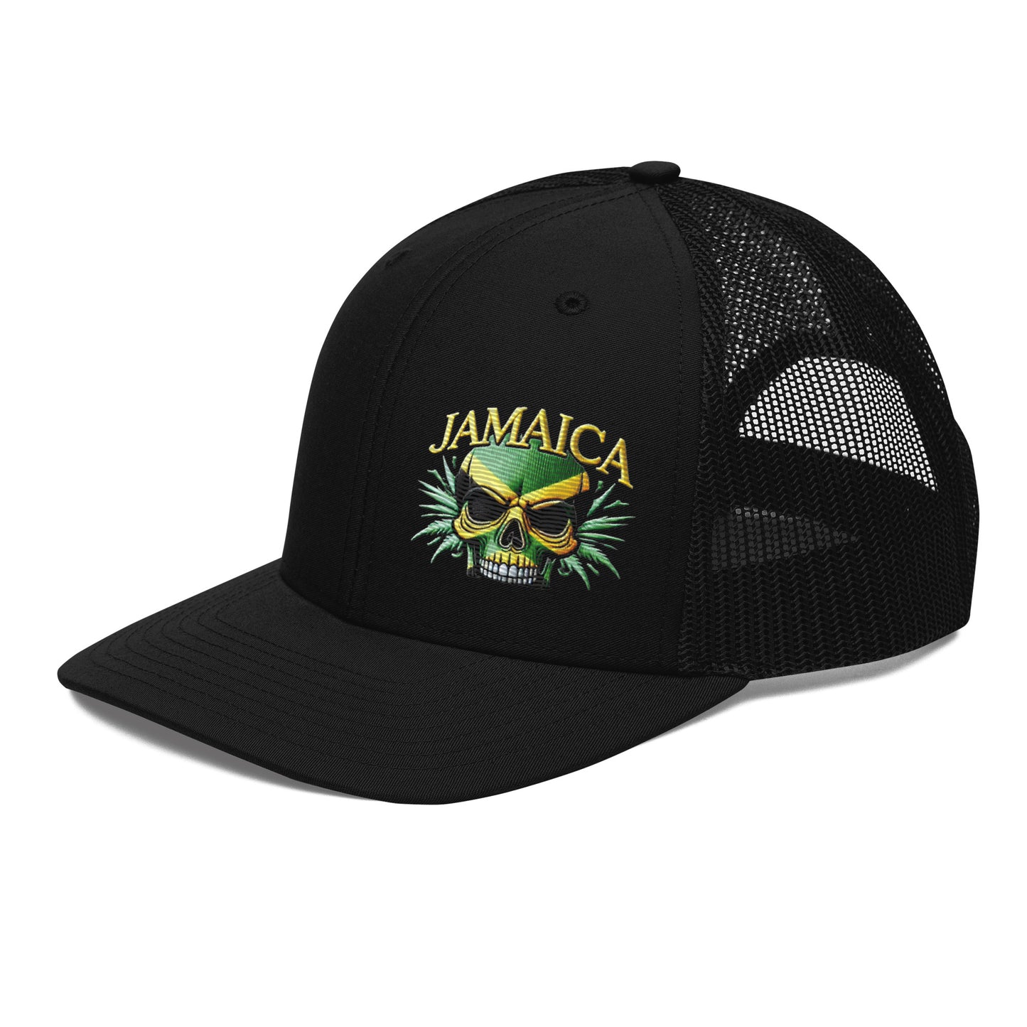 Embroidered 'Jamaica Skull' Trucker Hat – Adjustable Snapback, Stylish Summer Jamaica Hat