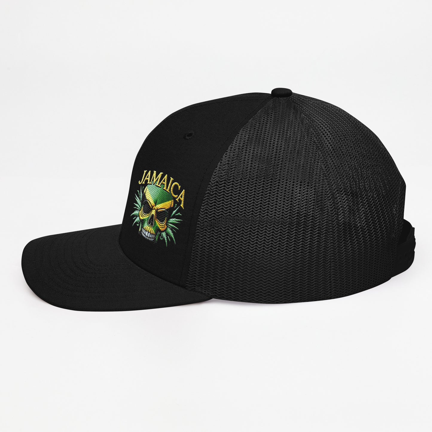 Embroidered 'Jamaica Skull' Trucker Hat – Adjustable Snapback, Stylish Summer Jamaica Hat