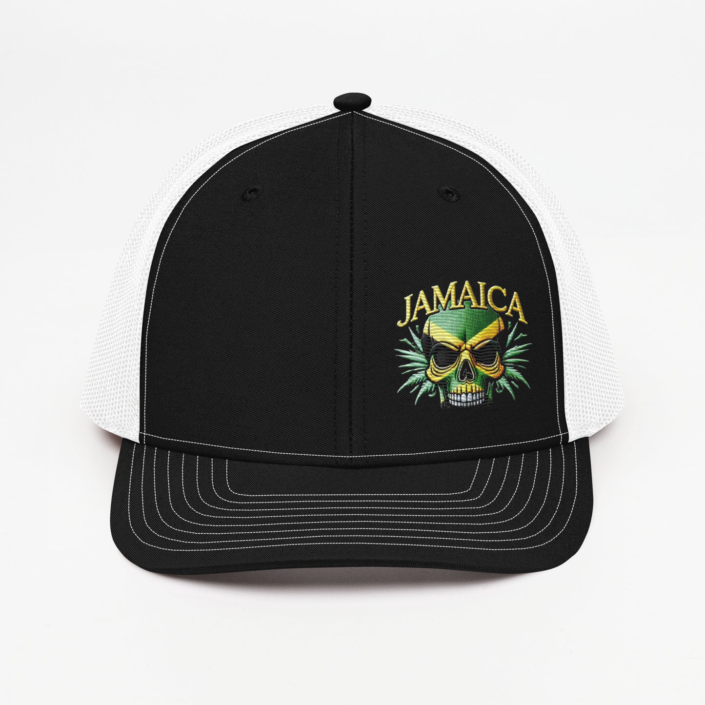 Embroidered 'Jamaica Skull' Trucker Hat – Adjustable Snapback, Stylish Summer Jamaica Hat