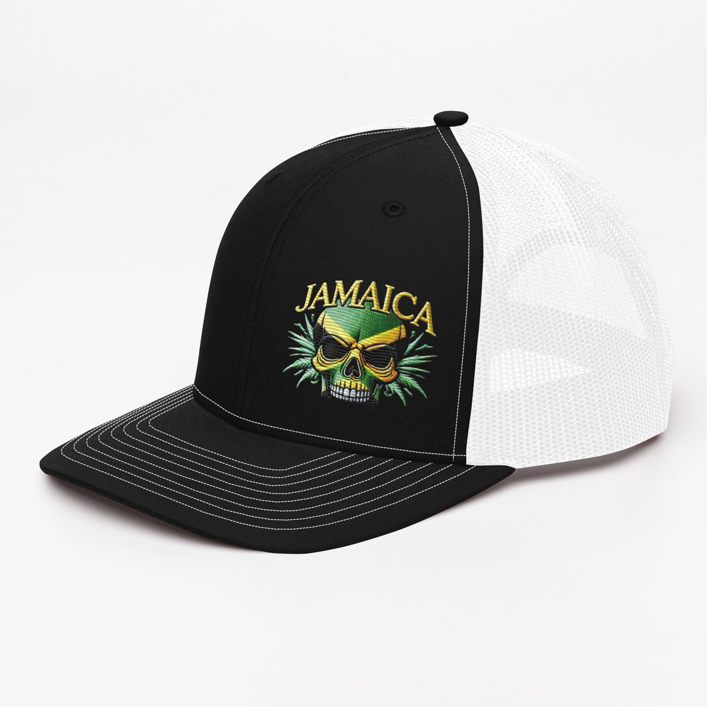 Embroidered 'Jamaica Skull' Trucker Hat – Adjustable Snapback, Stylish Summer Jamaica Hat