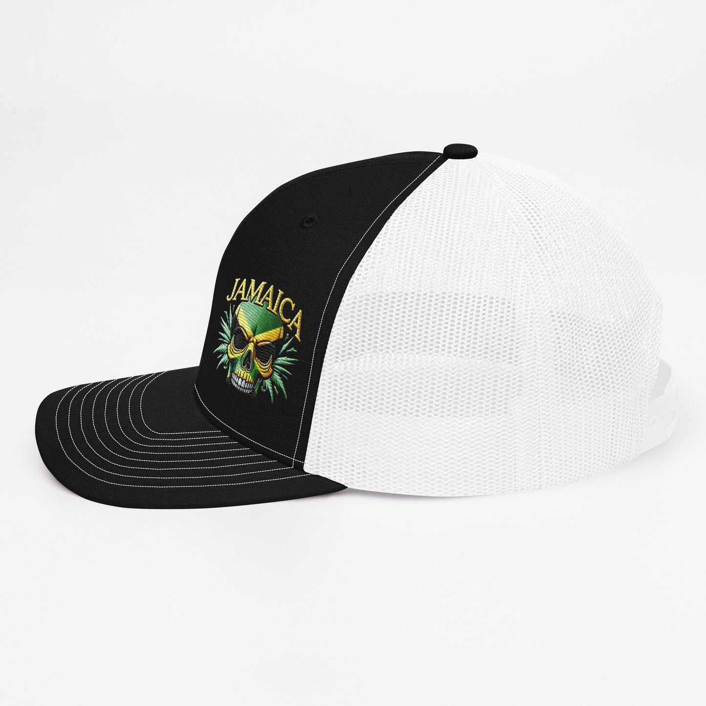 Embroidered 'Jamaica Skull' Trucker Hat – Adjustable Snapback, Stylish Summer Jamaica Hat