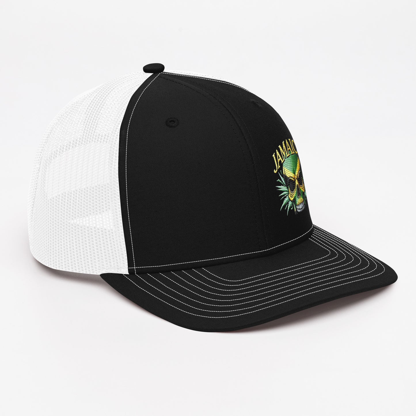 Embroidered 'Jamaica Skull' Trucker Hat – Adjustable Snapback, Stylish Summer Jamaica Hat